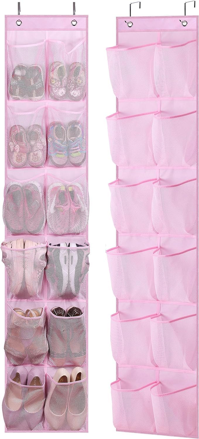 MISSLO Over The Door Shoe Organizer 12 Large Mesh Pockets Hanging Narrow Closet Door, White, 2 Pack