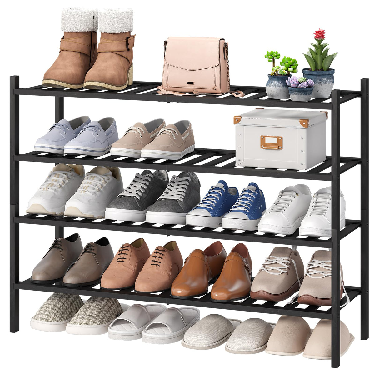 viewcare 3-Tier Black Bamboo Shoe Rack for Entryway, Stackable | Foldable | Natural, Shoe Shelf Storage Organizer for Hallway Closet, Free Standing Shoe Racks for Indoor Outdoor