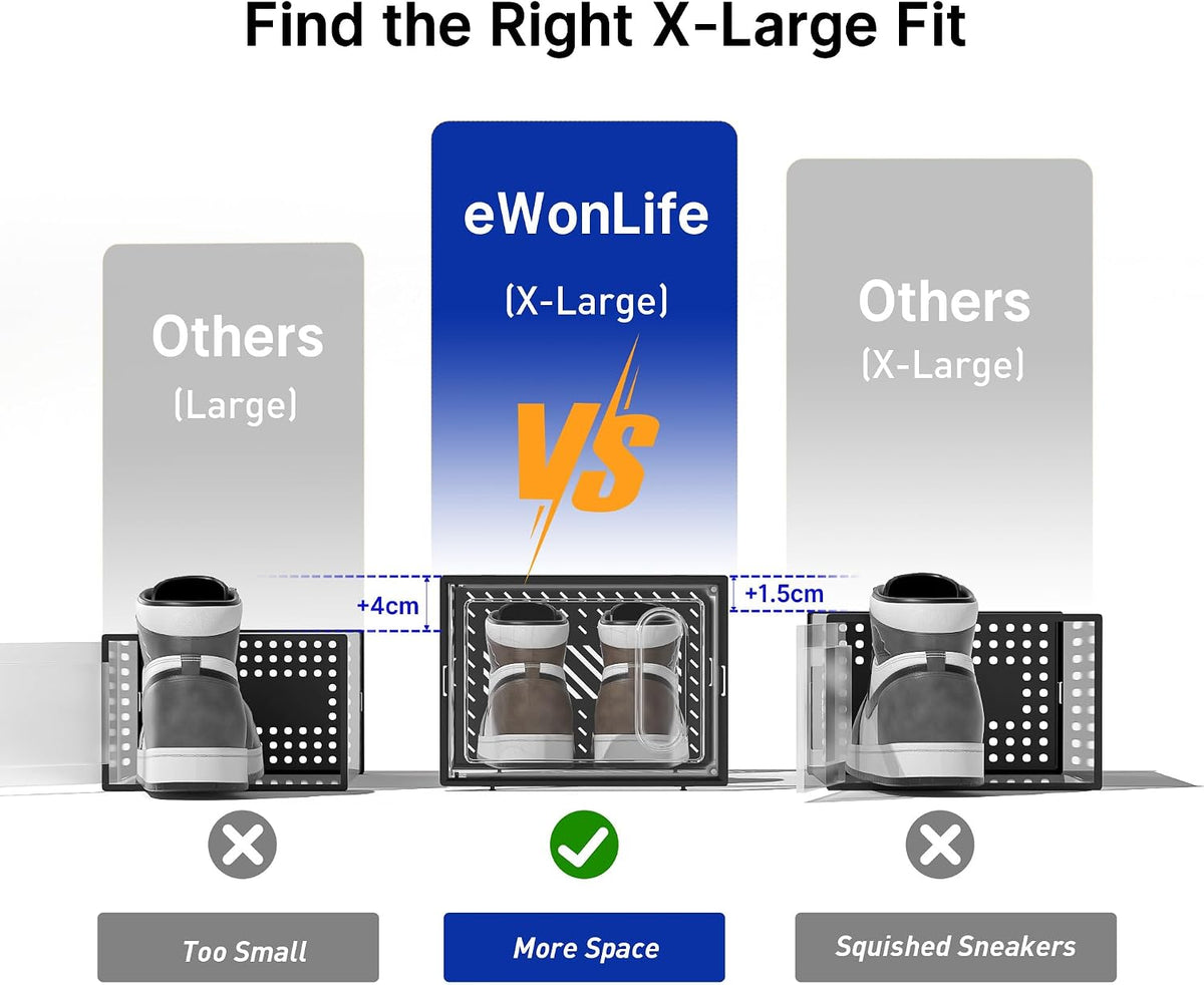 eWonLife X-Large Shoe Boxes with Magnetic Door, 12-Pack Stackable Shoes Storage Organizer for Closet, Clear Plastic Sneaker Container Shoe Rack for Size 12, Black