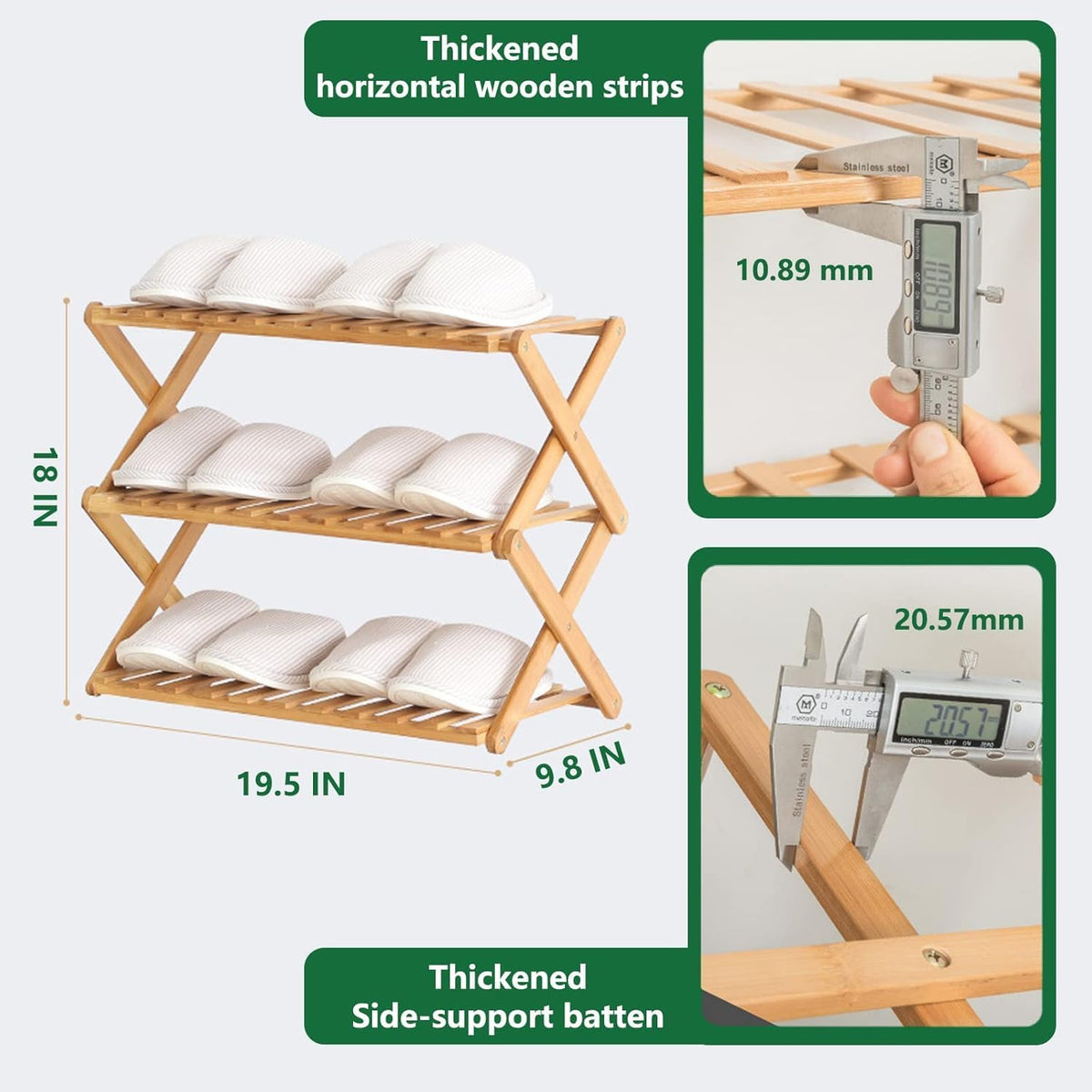 3 Tier Bamboo Shoe Rack,Portable Folding Shoe Storage Rack,Without Installation Small Shoe Rack Perfect for Corridors, Bedrooms and Small Spaces (3 Tier)