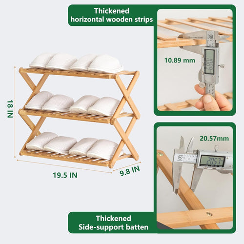 3 Tier Bamboo Shoe Rack,Portable Folding Shoe Storage Rack,Without Installation Small Shoe Rack Perfect for Corridors, Bedrooms and Small Spaces (3 Tier)