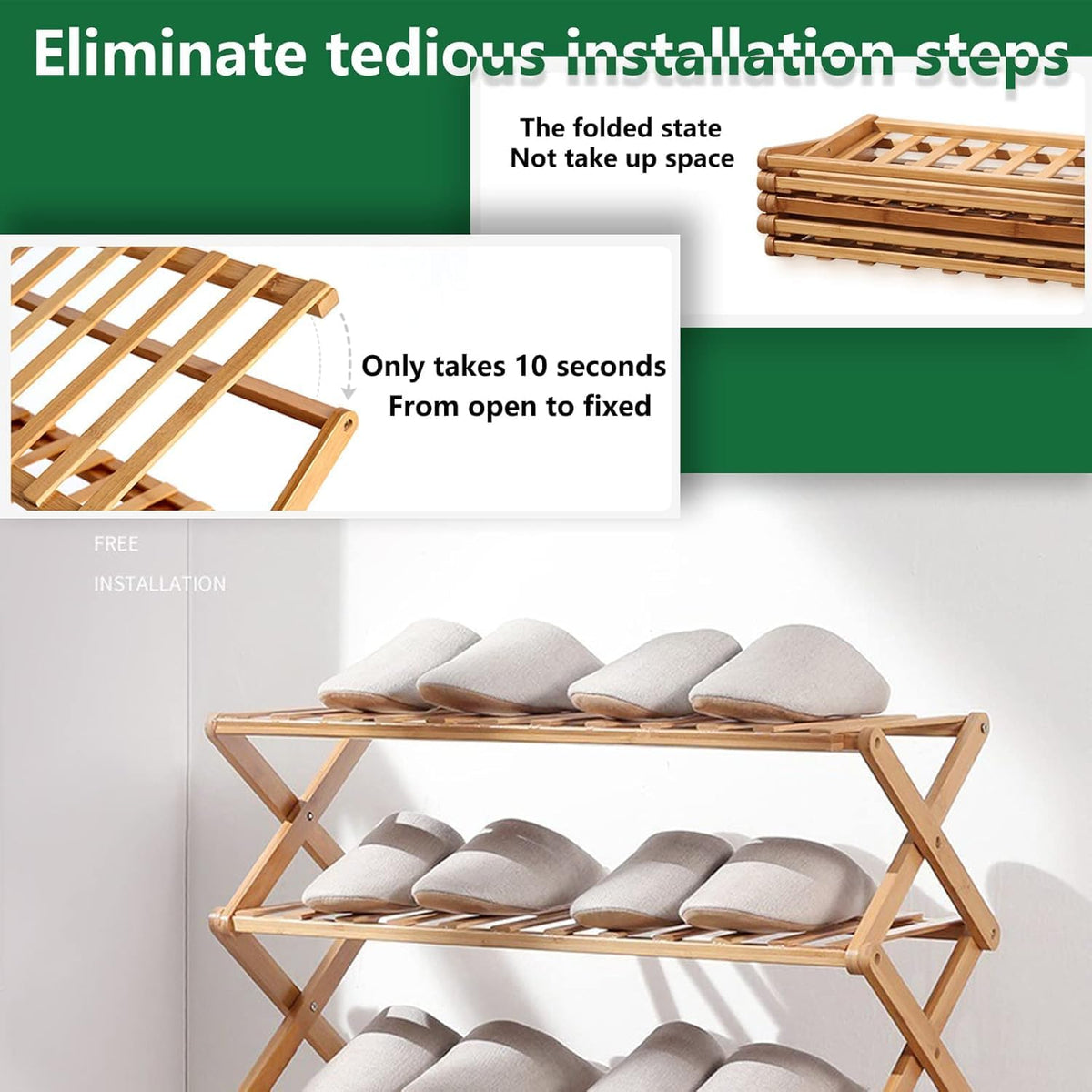 3 Tier Bamboo Shoe Rack,Portable Folding Shoe Storage Rack,Without Installation Small Shoe Rack Perfect for Corridors, Bedrooms and Small Spaces (3 Tier)
