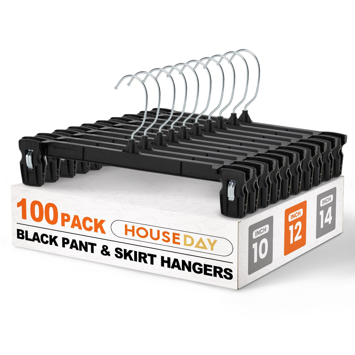 HOUSE DAY Black Pants Hangers with Clips 50 Pack, 12 Inch Skirt Hangers