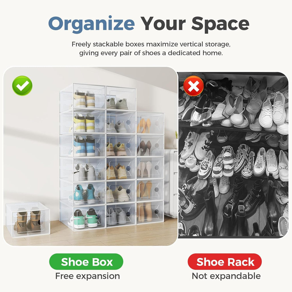 DUMOS Shoe Storage Boxes, 12-Pack Stackable Clear Shoe Containers with Lids, Display Sneaker Case Organizer for Closet, Under Bed, Entryway,White, Fit Size 11