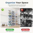 DUMOS Shoe Storage Boxes, 12-Pack Stackable Clear Shoe Containers with Lids, Display Sneaker Case Organizer for Closet, Under Bed, Entryway,White, Fit Size 11