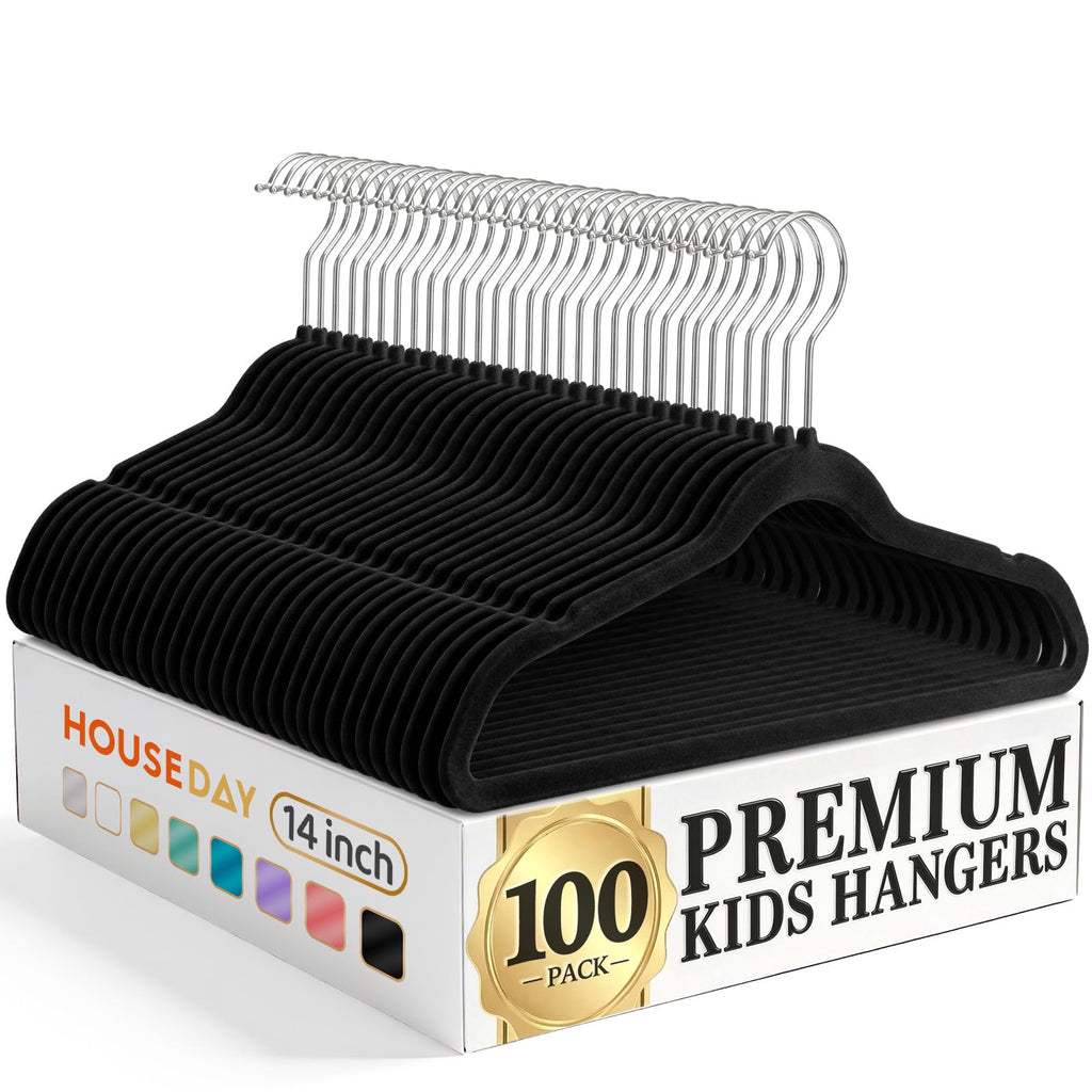 HOUSE DAY 14 Inch Kids Velvet Hangers 50 Pack, Durable Big Kid Hanger Black