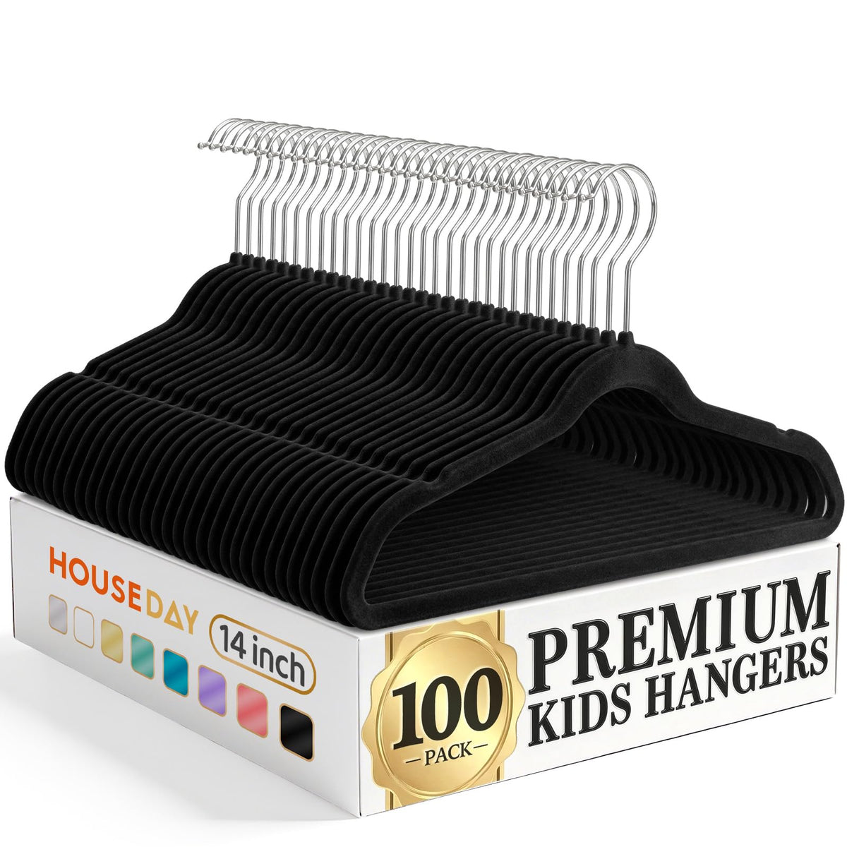 HOUSE DAY 14 Inch Kids Velvet Hangers 50 Pack, Durable Big Kid Hanger Black