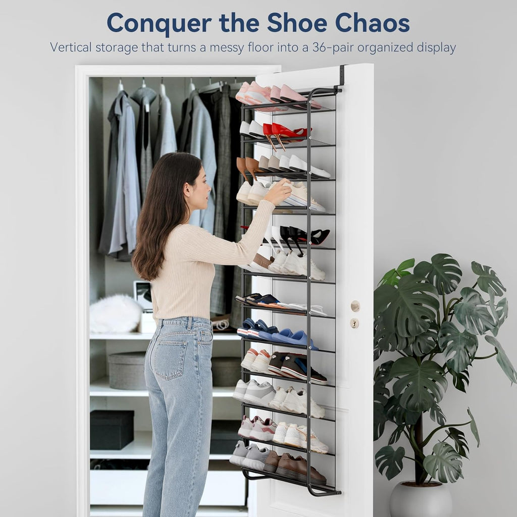 Whitmor 36 Pair Over the Door Shoe Organizer, 12 Tier Hanging Shoe Organizer, Heavy Duty Metal & Mesh Shoe Holder, Hanging Shoe Rack for Closet Storage, 74"H x 21.7"W x 7.5"D, Gunmetal Gray