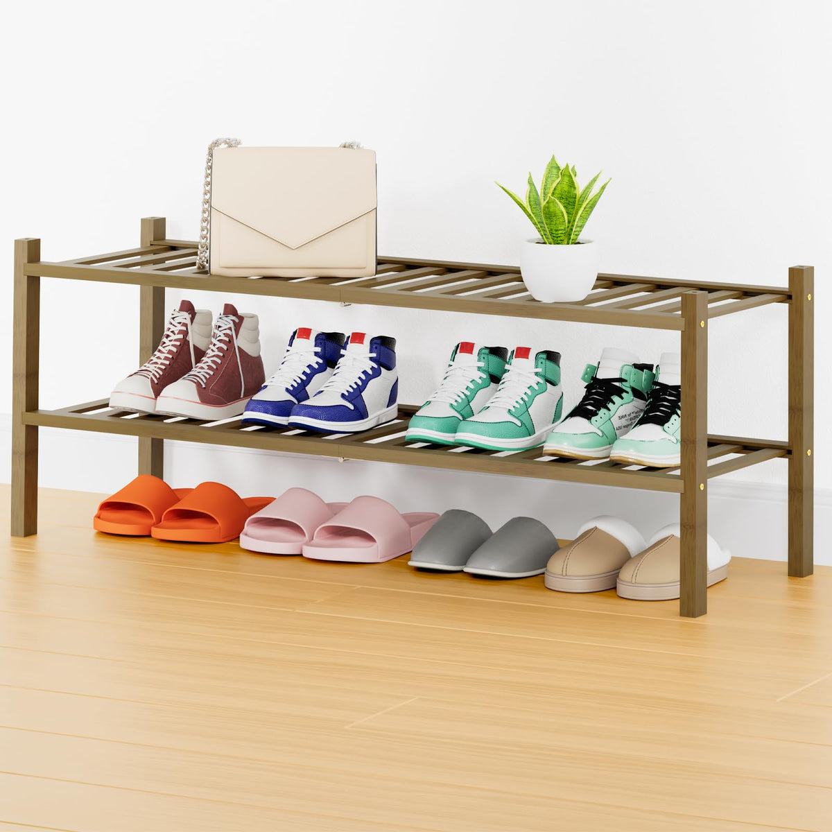 Smiry Bamboo Shoe Rack, 12 Vertical Slats, 3 Tier - 26.8" Wide, Natural