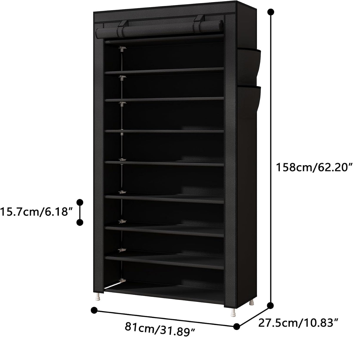 Laiensia 9-Tier Vertical Shoe Rack Organizer, Space Saving Shoe Storage Organizer, Non-Woven Cover Shoe Shelf Holds 36-45 Pairs for Bedroom, Hallway, Closet Entryway, Black