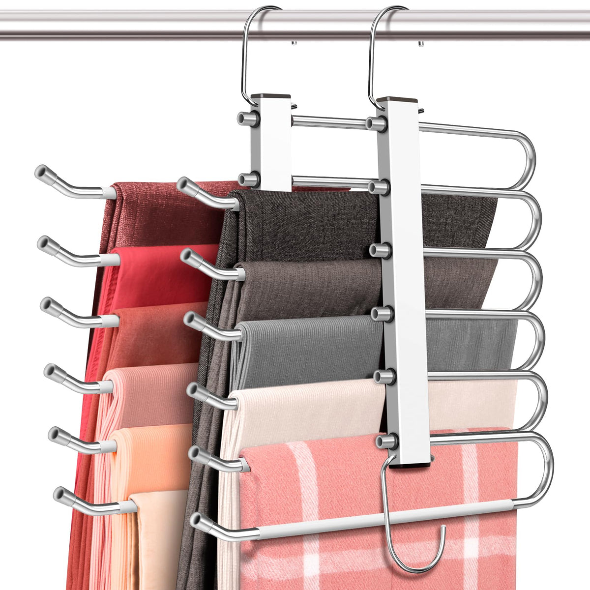 HUITEM Space Saving 6 Tier Pant Hangers, Anti-Slip, Stainless Steel, 2 Pack, Black