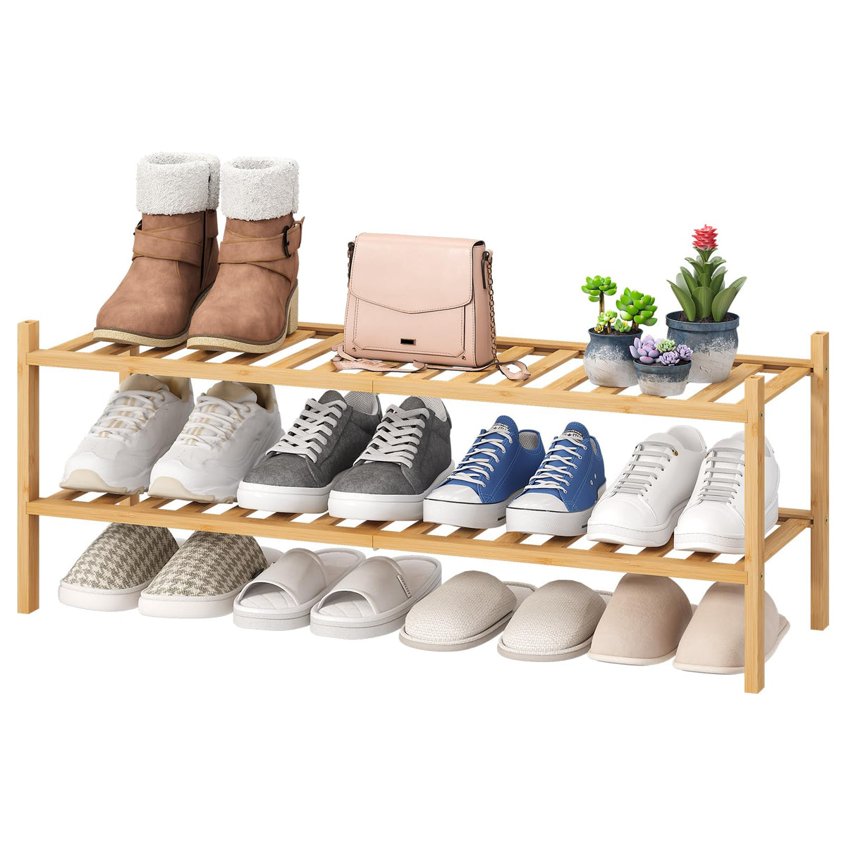 viewcare 3-Tier Black Bamboo Shoe Rack for Entryway, Stackable | Foldable | Natural, Shoe Shelf Storage Organizer for Hallway Closet, Free Standing Shoe Racks for Indoor Outdoor