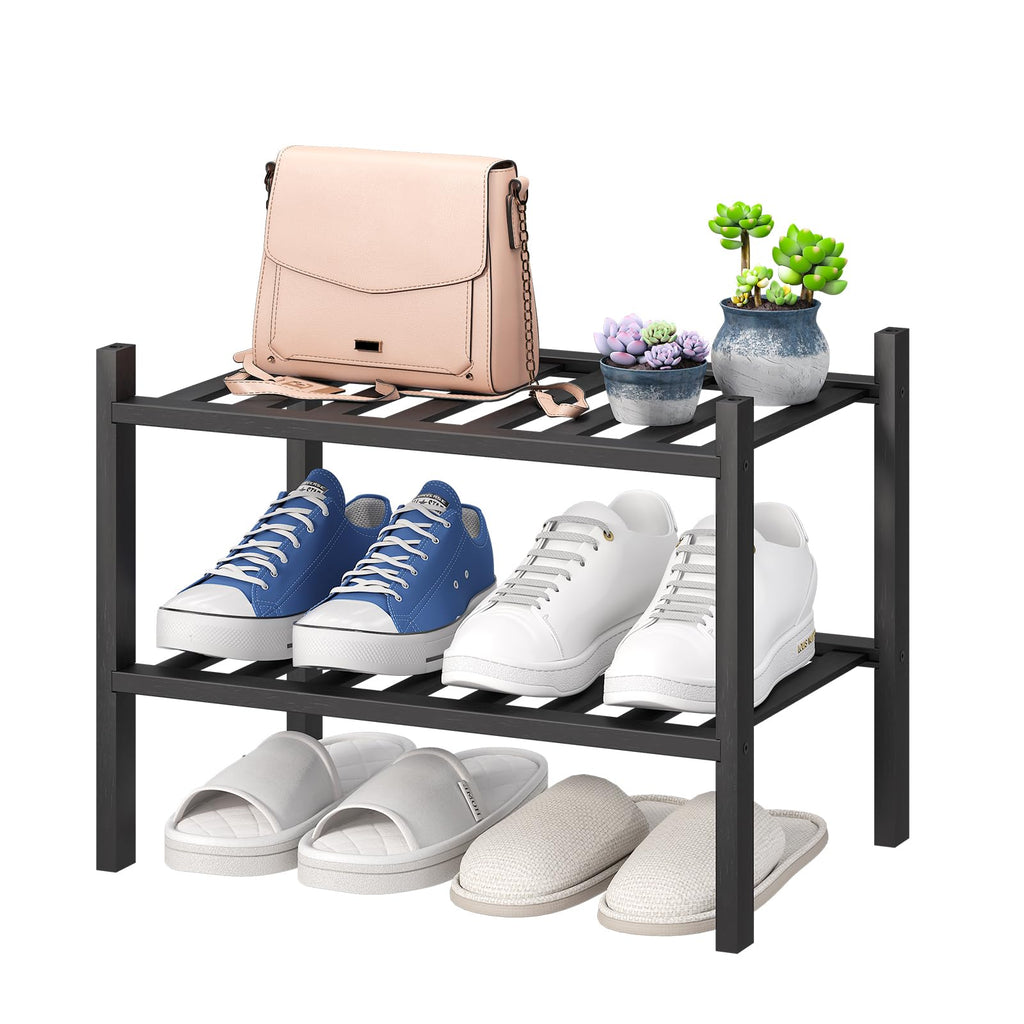 viewcare 3-Tier Black Bamboo Shoe Rack for Entryway, Stackable | Foldable | Natural, Shoe Shelf Storage Organizer for Hallway Closet, Free Standing Shoe Racks for Indoor Outdoor