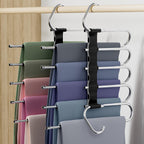 DAMITA Pants Hangers Space Saving - 2 Pack 5 in 1 Layers Stainless Steel Metal Jeans Hangers - Black Closet Organizers and Storage Anti-Slip Design for Pants Skirts Scarf Legging