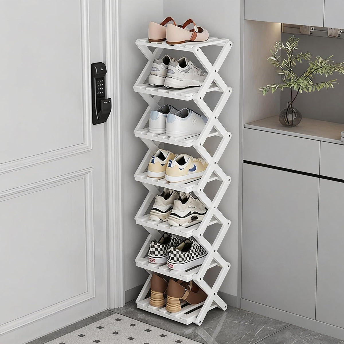 Vertical Narrow Shoe Rack, 7 Tier Portable Folding Shoe Storage Rack, Without Installation Free Standing Shoe Rack for Corridors, Bedrooms Living Room Corner and Small Spaces (7 Tier)