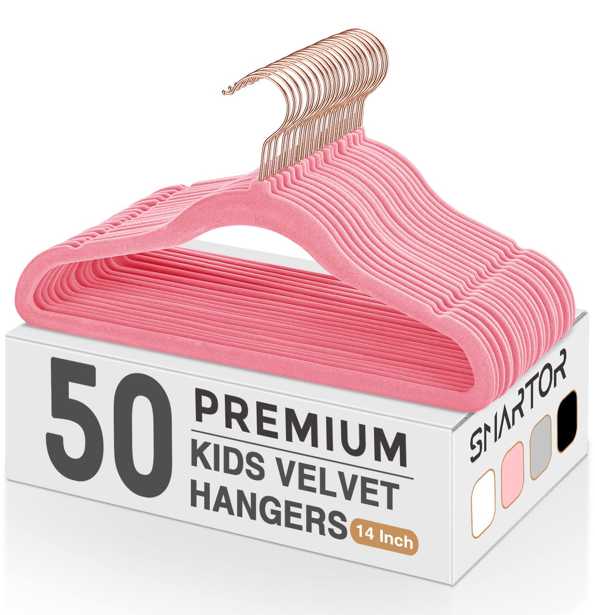 Smartor Kids Velvet Hangers 50 Pack, 14 Inch Premium Non Slip Kids Felt Hangers for Closet, Space Saving Toddler Clothes Hanger for Youth's Childrens' Clothes (Rose Gold Hook)- White