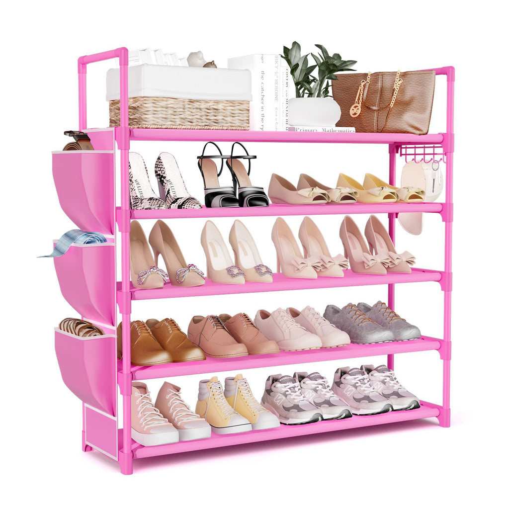 VILICK 5 Tier Shoe Rack with Hook and Side Pocket,Shoe Organizer Space Saver Storage for 20-25 Pair Shoe Storage Shelf Sturdy Free Standing Long Shoe Rack Organizer for Closet,Entryway,Small Spaces