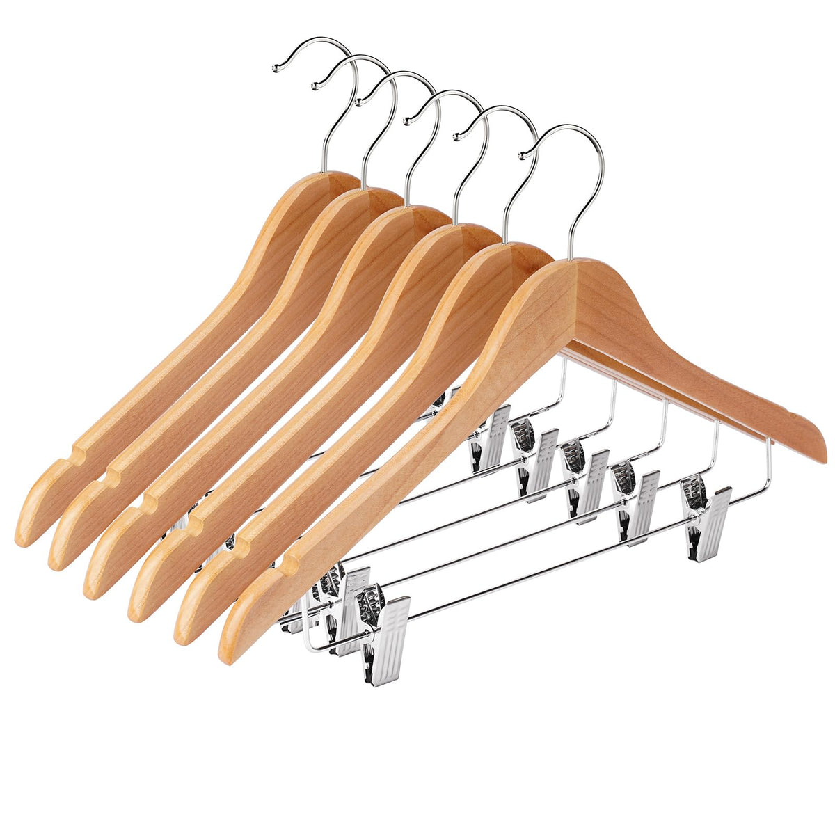 Wooden Hangers with Clips 12 Pack Wooden Pants Hangers,Skirt Hangers with Adjustable Clips,Hangers for Pants,Jeans,Slacks,Shorts（Natural）