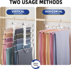 DAMITA Pants Hangers Space Saving - 2 Pack 5 in 1 Layers Stainless Steel Metal Jeans Hangers - Black Closet Organizers and Storage Anti-Slip Design for Pants Skirts Scarf Legging