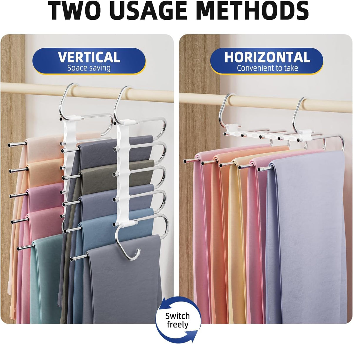 DAMITA Pants Hangers Space Saving - 2 Pack 5 in 1 Layers Stainless Steel Metal Jeans Hangers - Black Closet Organizers and Storage Anti-Slip Design for Pants Skirts Scarf Legging