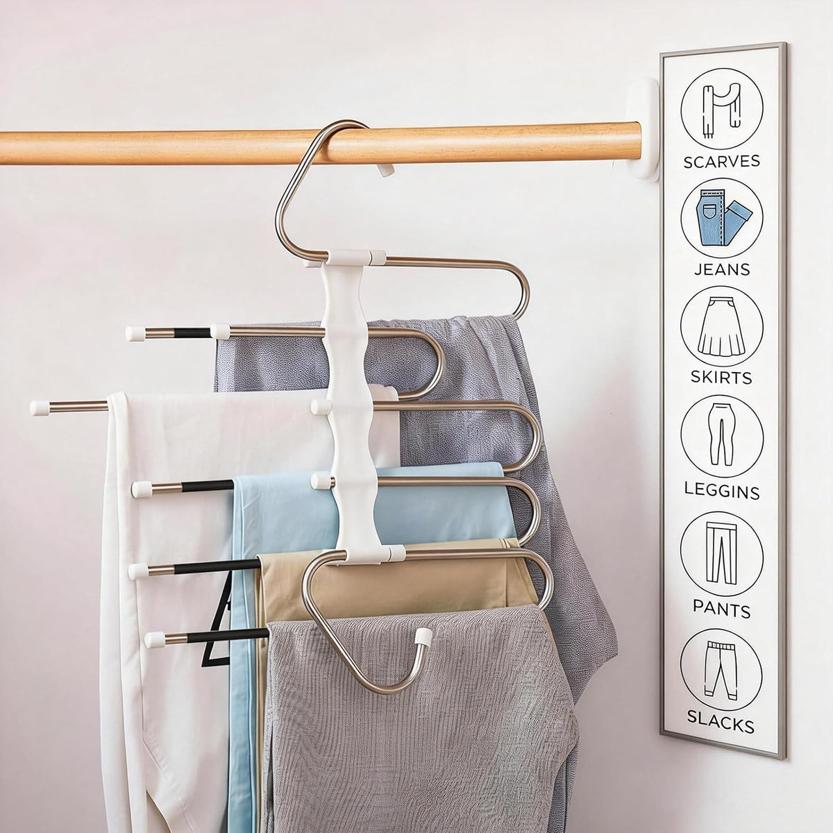 Pants Hangers Space Saving 5 Tier - 2 Pack Closet Organizers and Storage Closet Organizer,Anti-Slip Design,Closet Organizers and Storage for Pants Jeans Skirts Scarf Legging