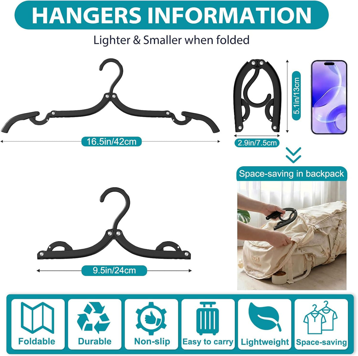 15 Pcs Foldable Travel Hangers Cruise Ship Essentials 2026 Phone Size Black