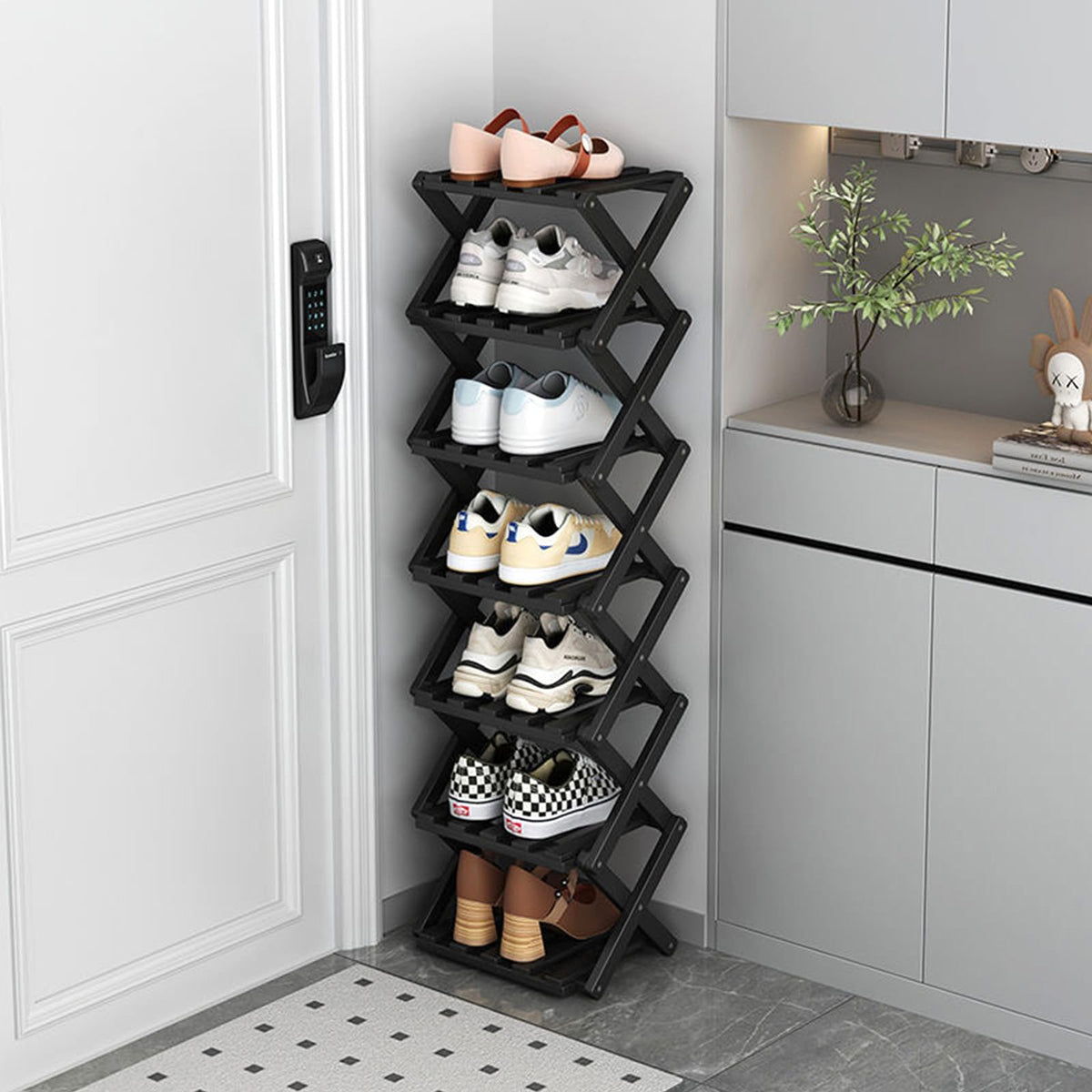 Vertical Narrow Shoe Rack, 7 Tier Portable Folding Shoe Storage Rack, Without Installation Free Standing Shoe Rack for Corridors, Bedrooms Living Room Corner and Small Spaces (7 Tier)