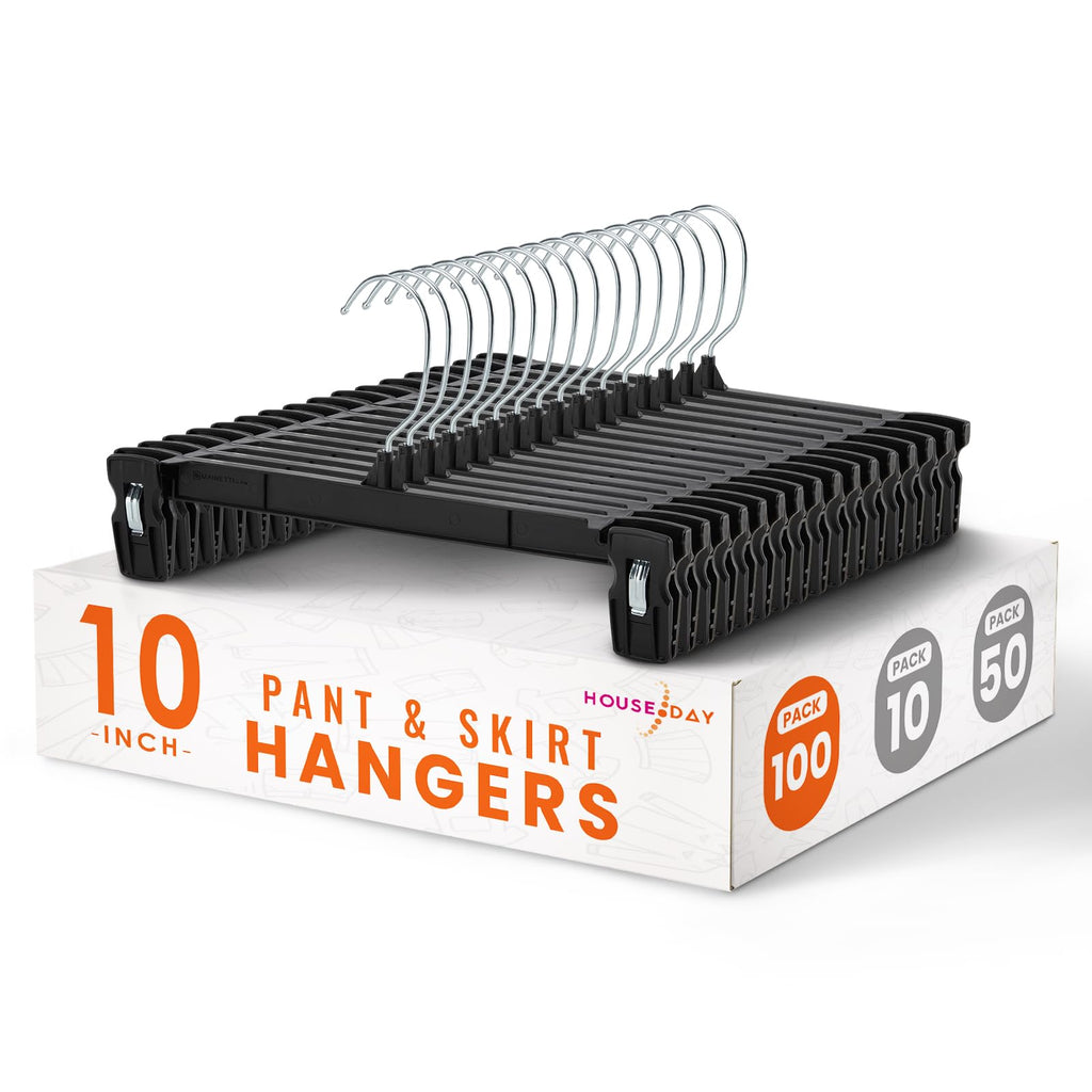 HOUSE DAY Black Pants Hangers with Clips 50 Pack, 12 Inch Skirt Hangers