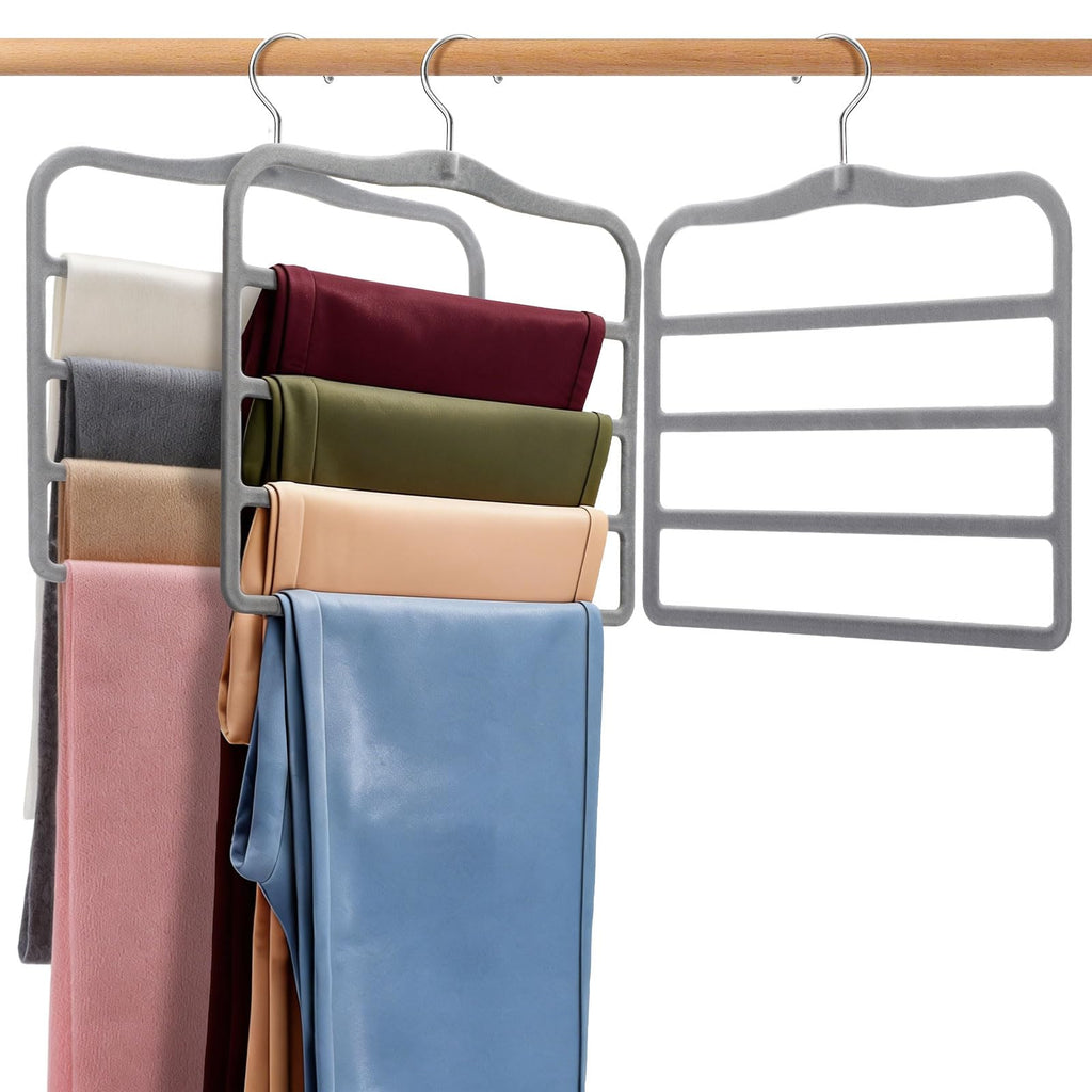 Velvet Pants Hangers Space Saving, 2-Pack Multi-Tier Closet Organizers,Grey
