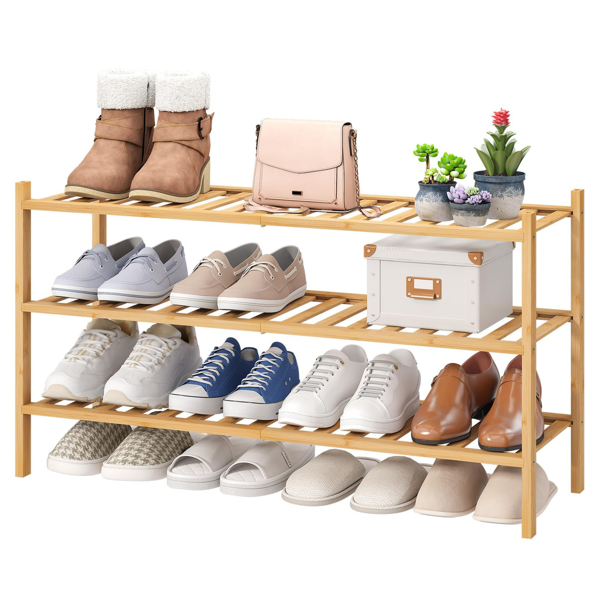 viewcare 3-Tier Black Bamboo Shoe Rack for Entryway, Stackable | Foldable | Natural, Shoe Shelf Storage Organizer for Hallway Closet, Free Standing Shoe Racks for Indoor Outdoor