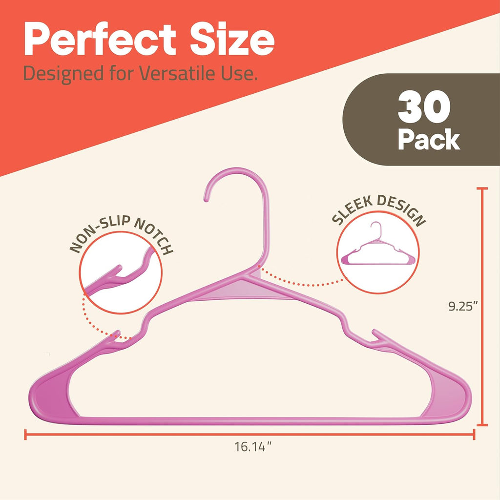 Pink Plastic Hangers 30 Pack– Heavy-Duty Plastic Hangers Slim and Space-Saving, Durable and Lightweight PP with Non-Slip Shoulder Notches for Slip Dresses, Suits, Jackets & Camisoles