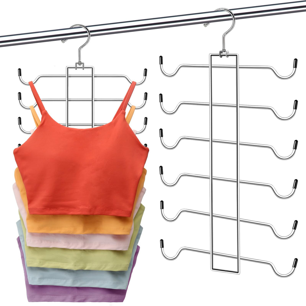 2 Pack Tank Top Hanger Space Saving, 360° Rotating Closet Organizers and Storage, 6 Tier Metal Bra Organizer with 24 Hanging Hooks, Small Space Solutions, RV Apartment College Dorm Room Essentials