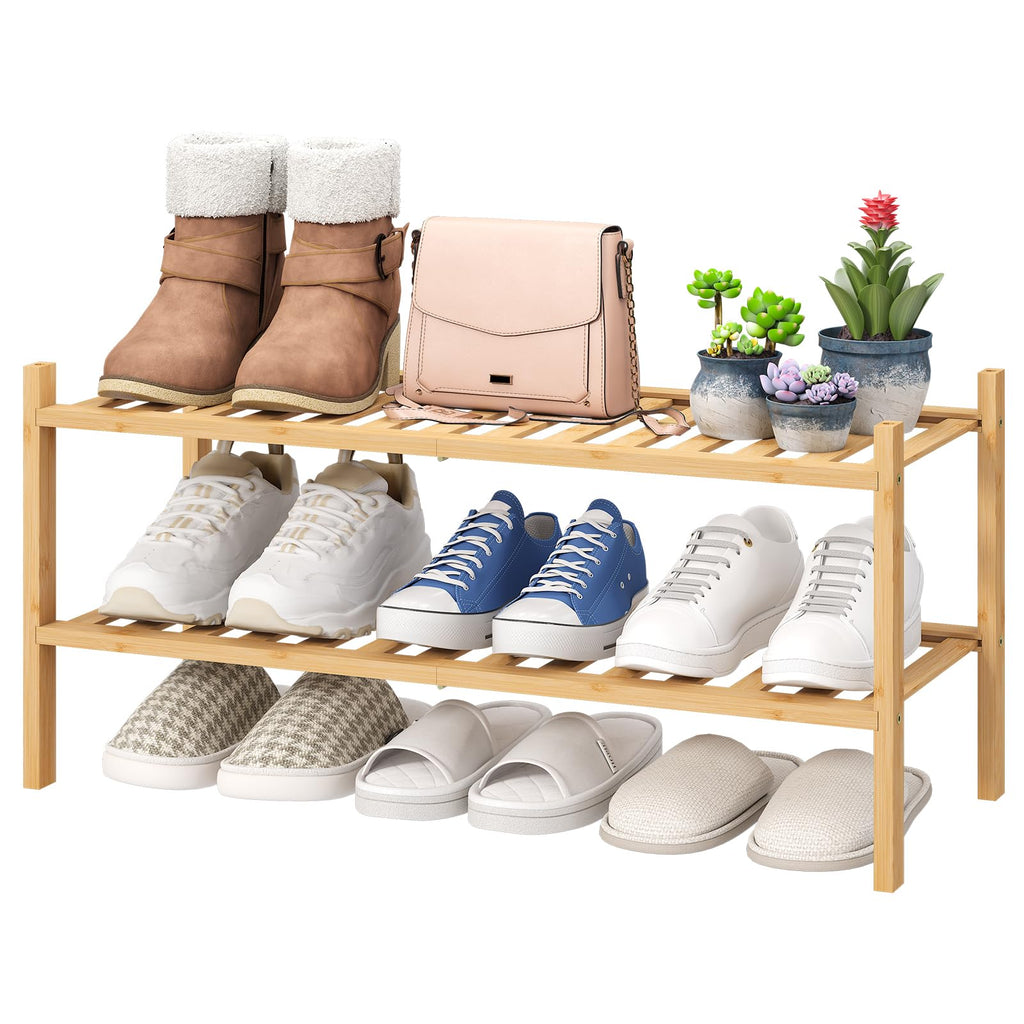 viewcare 3-Tier Black Bamboo Shoe Rack for Entryway, Stackable | Foldable | Natural, Shoe Shelf Storage Organizer for Hallway Closet, Free Standing Shoe Racks for Indoor Outdoor