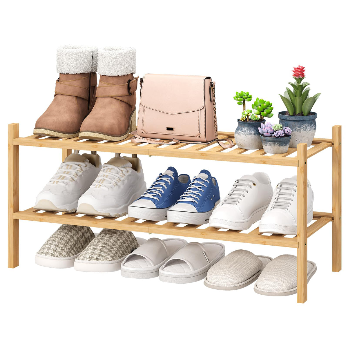 viewcare 3-Tier Black Bamboo Shoe Rack for Entryway, Stackable | Foldable | Natural, Shoe Shelf Storage Organizer for Hallway Closet, Free Standing Shoe Racks for Indoor Outdoor