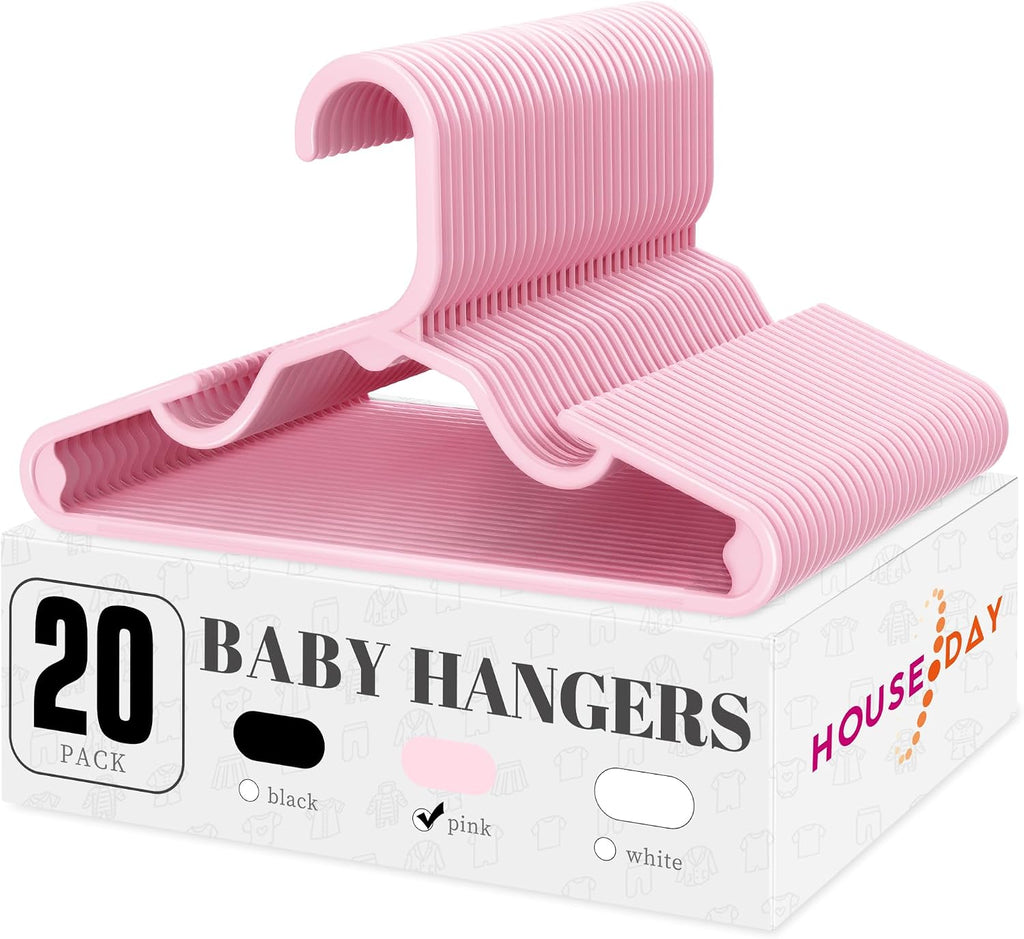 HOUSE DAY Plastic Baby Hangers for Closet 20 Pack, Durable Plastic Kids Hangers for Baby Clothes, Thin & Compact Childrens Hangers, Space Saving Pink Baby Hanger, Small Hanger for Kids Clothes