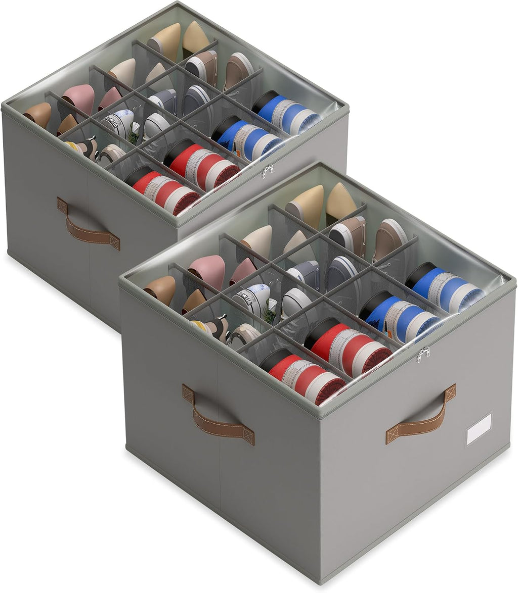 Vincona Shoe Organizer for Closet, 2 Pack Foldable Shoe Storage Bins with Clear Cover & Handles, 16-Compartment Shoe Box for Sneakers, Heels, Boots, Space-Saving Shoe Rack for Entryway, Dorm, RV