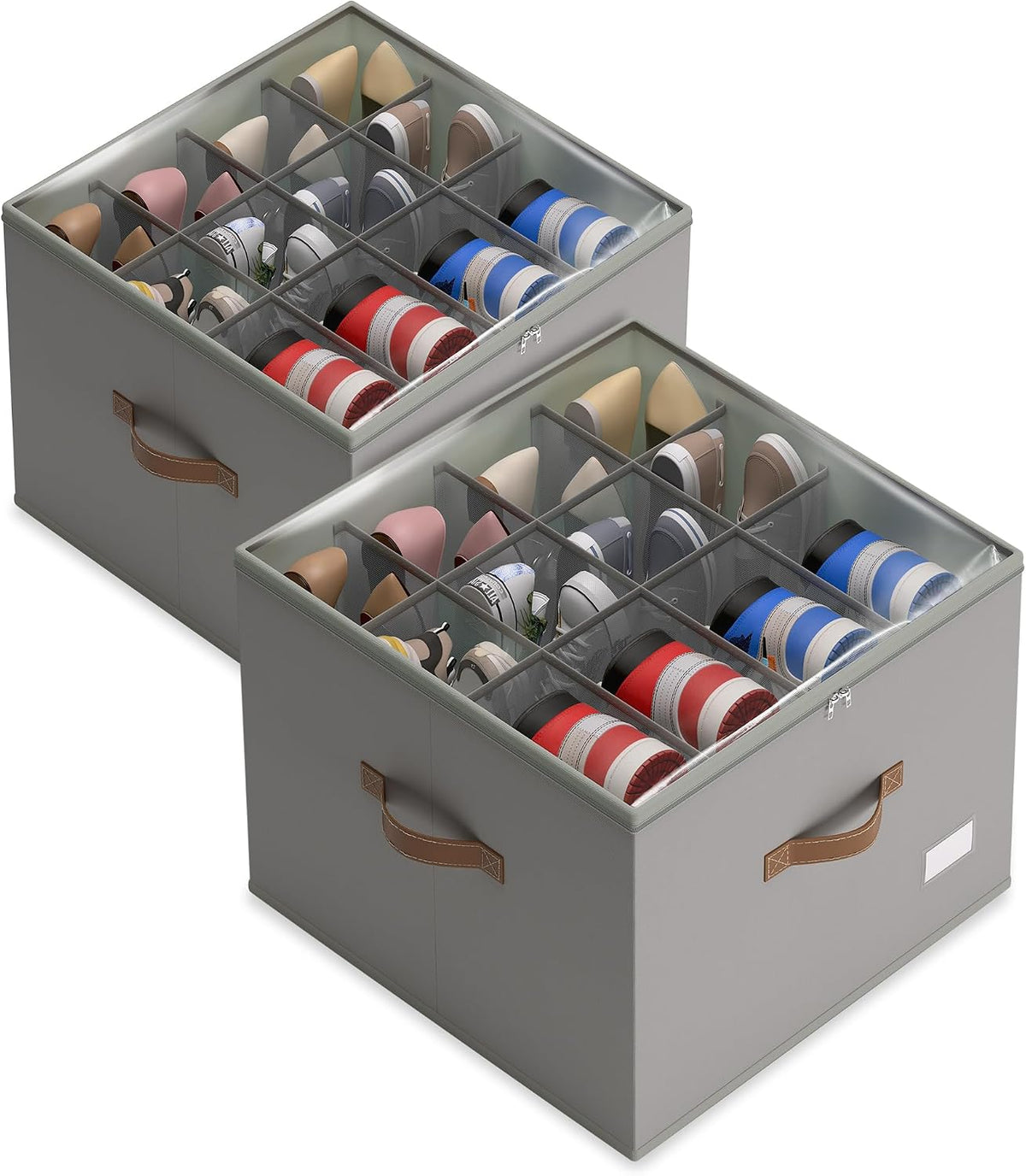 Vincona Shoe Organizer for Closet, 2 Pack Foldable Shoe Storage Bins with Clear Cover & Handles, 16-Compartment Shoe Box for Sneakers, Heels, Boots, Space-Saving Shoe Rack for Entryway, Dorm, RV