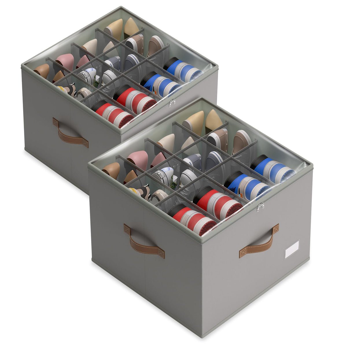 Vincona Shoe Organizer for Closet, 2 Pack Foldable Shoe Storage Bins with Clear Cover & Handles, 16-Compartment Shoe Box for Sneakers, Heels, Boots, Space-Saving Shoe Rack for Entryway, Dorm, RV