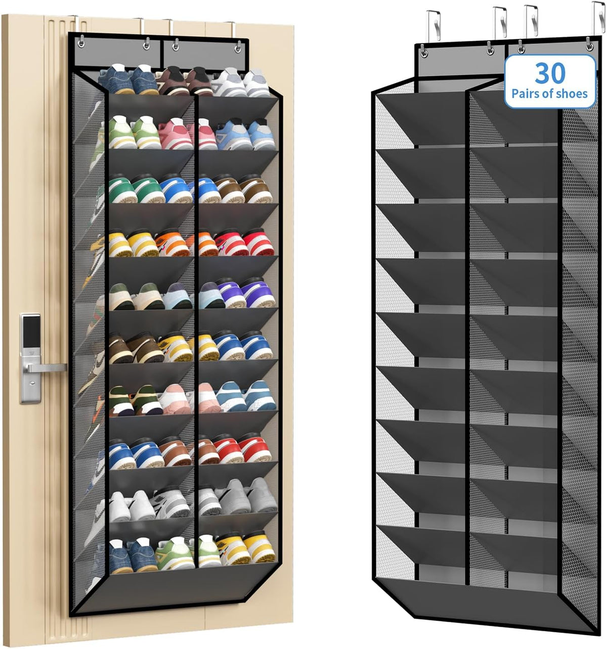 KEEPJOY 20-30 Pairs Grey Over the Door Shoe Organizer, Mesh Hanging Shoe Rack for Door Storage with 20 Wide Deep Pockets,10-Tier Door Shoe Holder Fits Sneakers, Boots.