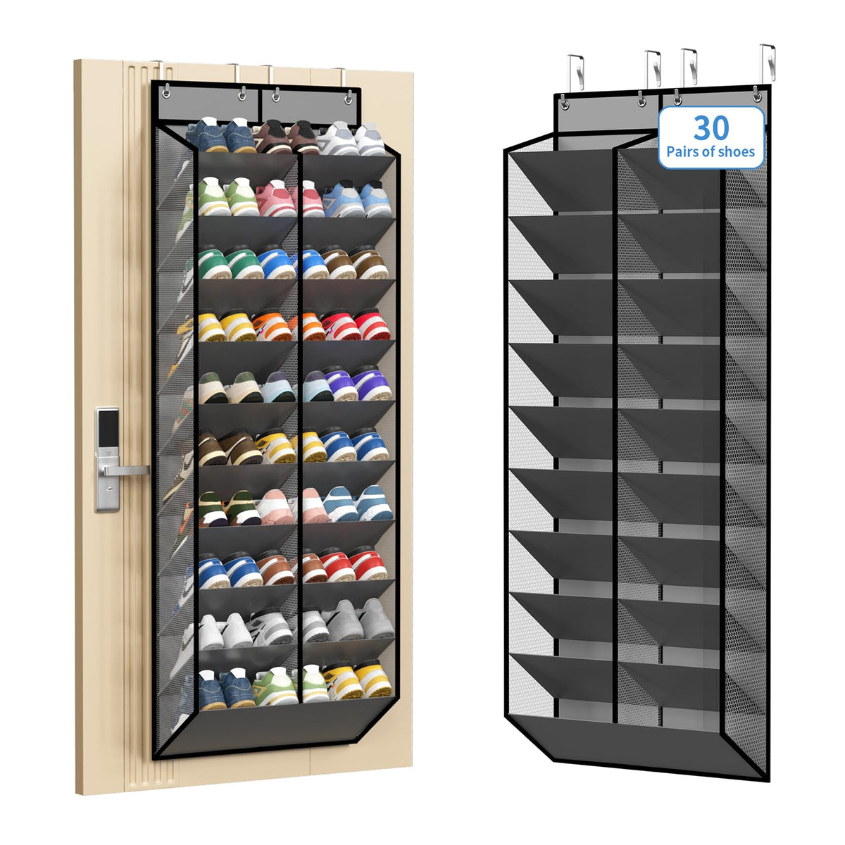 KEEPJOY 20-30 Pairs Grey Over the Door Shoe Organizer, Mesh Hanging Shoe Rack for Door Storage with 20 Wide Deep Pockets,10-Tier Door Shoe Holder Fits Sneakers, Boots.