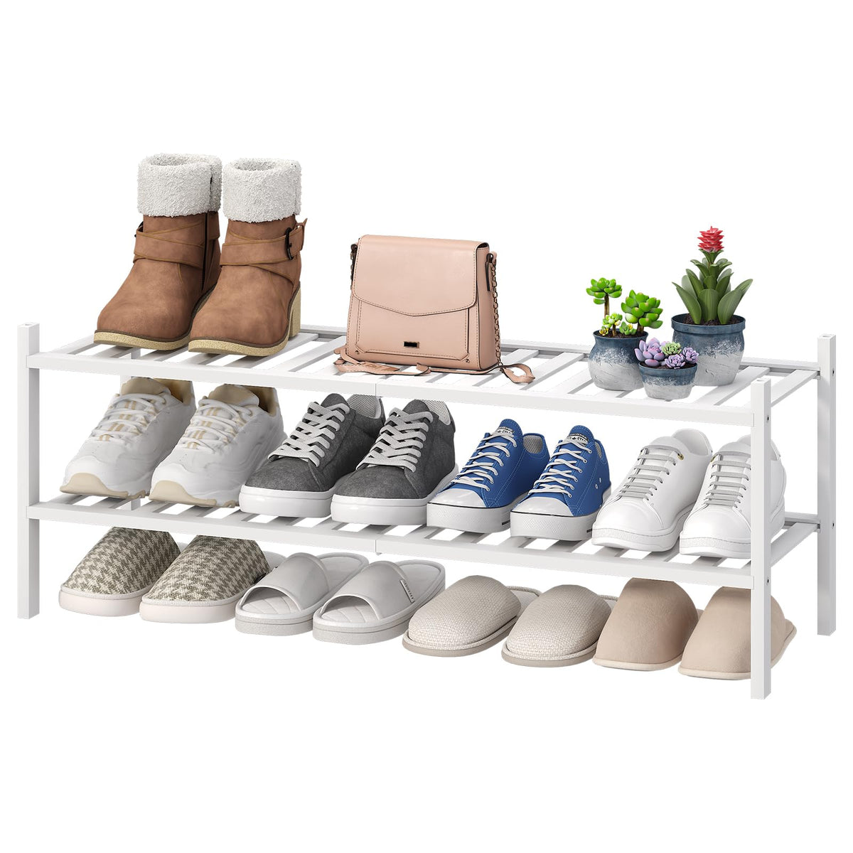viewcare 3-Tier Black Bamboo Shoe Rack for Entryway, Stackable | Foldable | Natural, Shoe Shelf Storage Organizer for Hallway Closet, Free Standing Shoe Racks for Indoor Outdoor