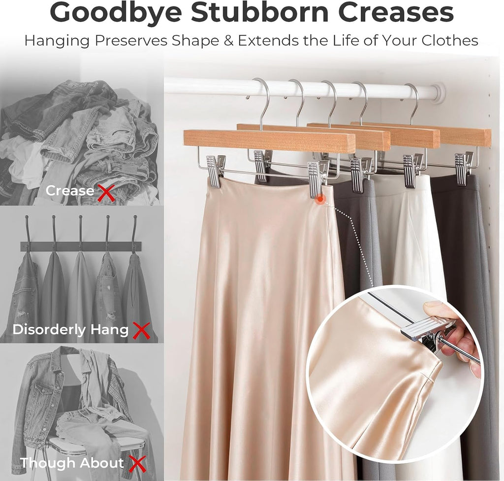 HOUSE DAY Wooden Pants Hangers with Clips, 25 Pack Skirt Hangers, Natural