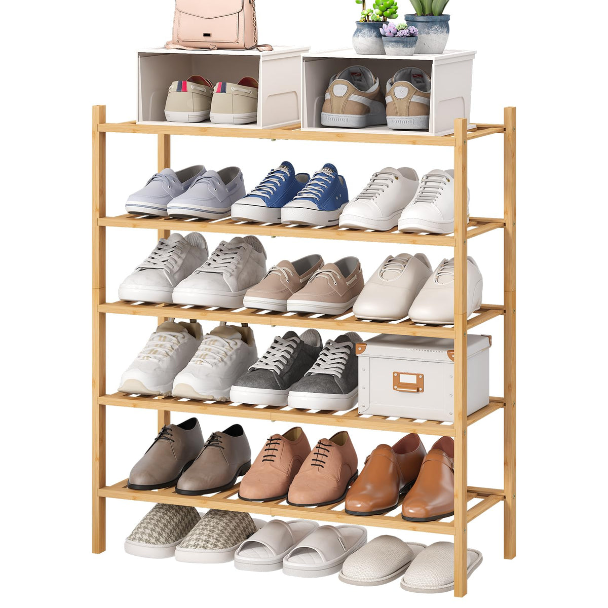 viewcare 3-Tier Black Bamboo Shoe Rack for Entryway, Stackable | Foldable | Natural, Shoe Shelf Storage Organizer for Hallway Closet, Free Standing Shoe Racks for Indoor Outdoor