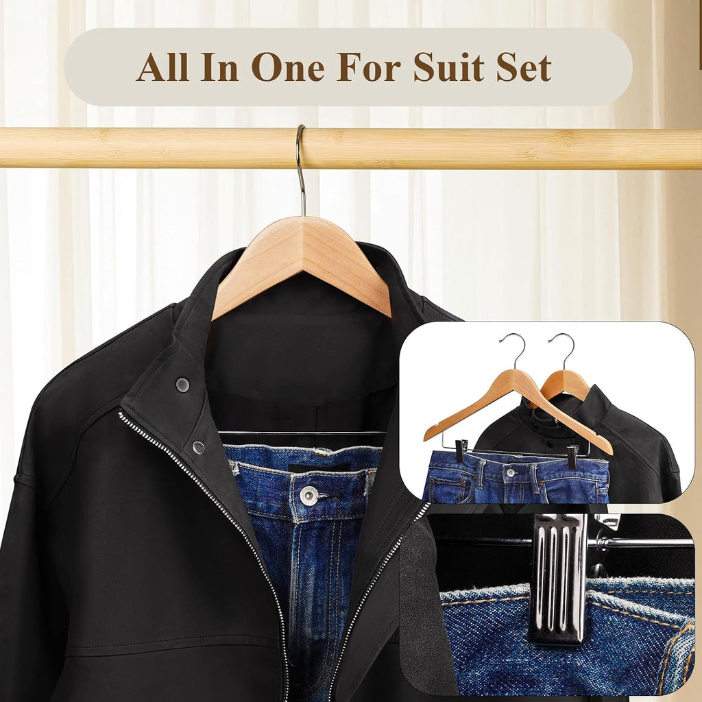 Wooden Hangers with Clips 12 Pack Wooden Pants Hangers,Skirt Hangers with Adjustable Clips,Hangers for Pants,Jeans,Slacks,Shorts（Natural）