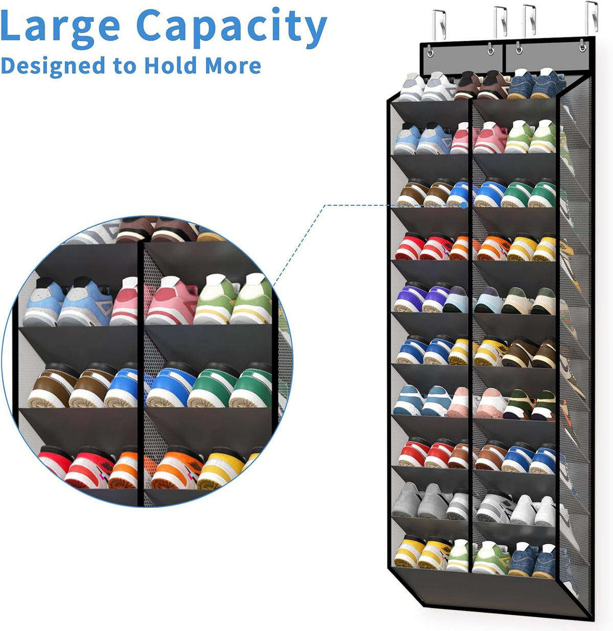 KEEPJOY 20-30 Pairs Grey Over the Door Shoe Organizer, Mesh Hanging Shoe Rack for Door Storage with 20 Wide Deep Pockets,10-Tier Door Shoe Holder Fits Sneakers, Boots.