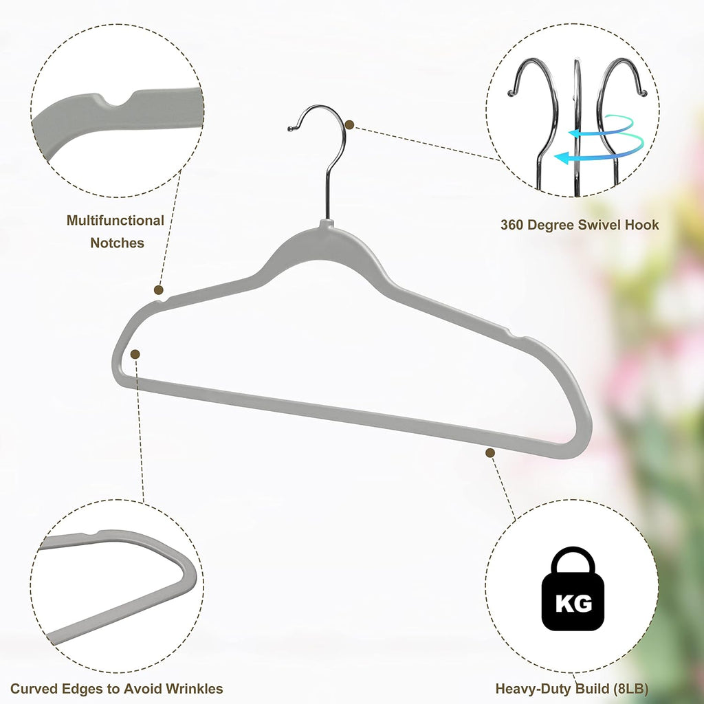 Quality Hangers 50 Pack Plastic Hangers for Clothes - Slim Non-Velvet Hangers with 360° Swivel Chrome Hook & Non Slip Notches - Ideal for Dresses Coats Shirts Jackets & More - Gray (Gray, 50 Pack)