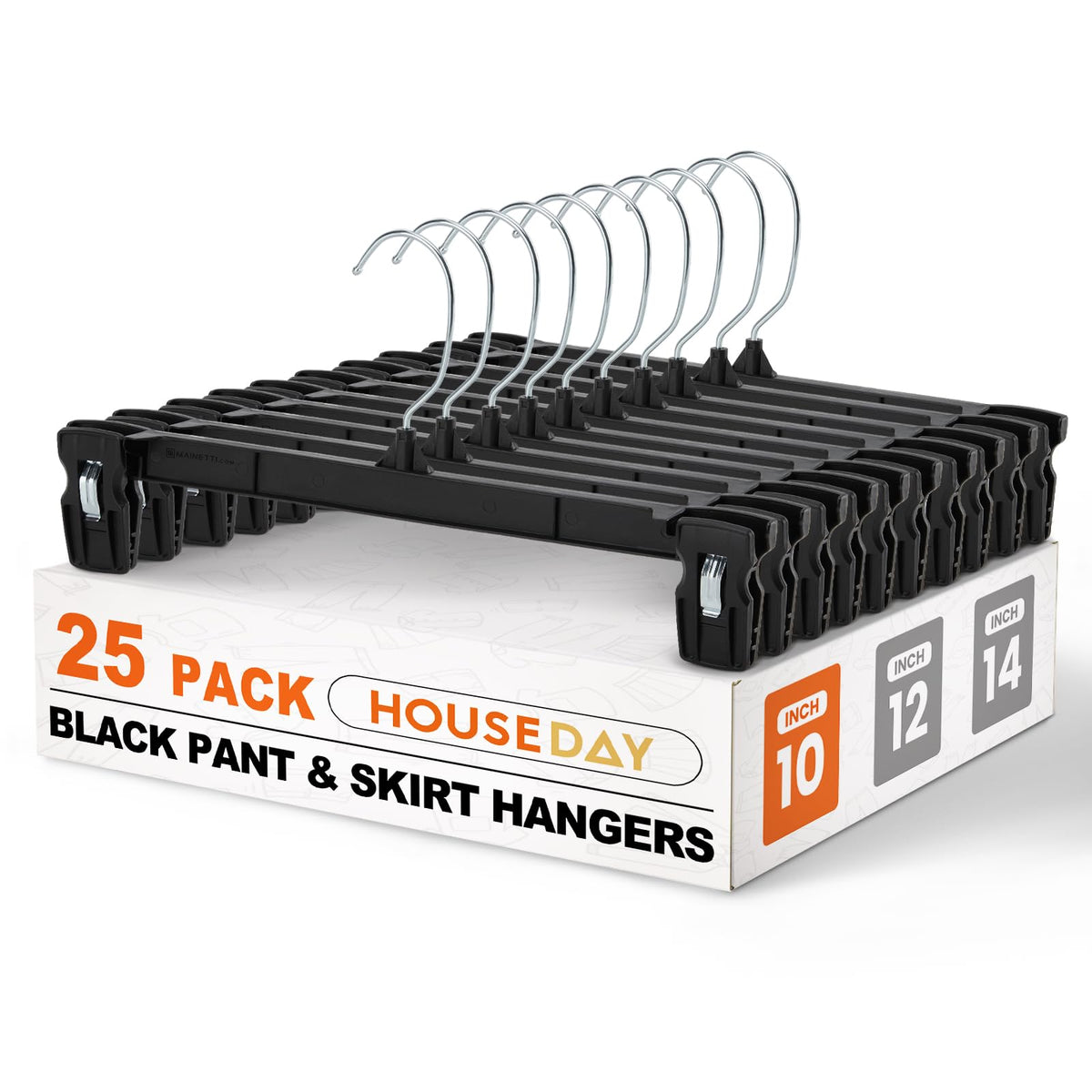 HOUSE DAY Black Pants Hangers with Clips 50 Pack, 12 Inch Skirt Hangers