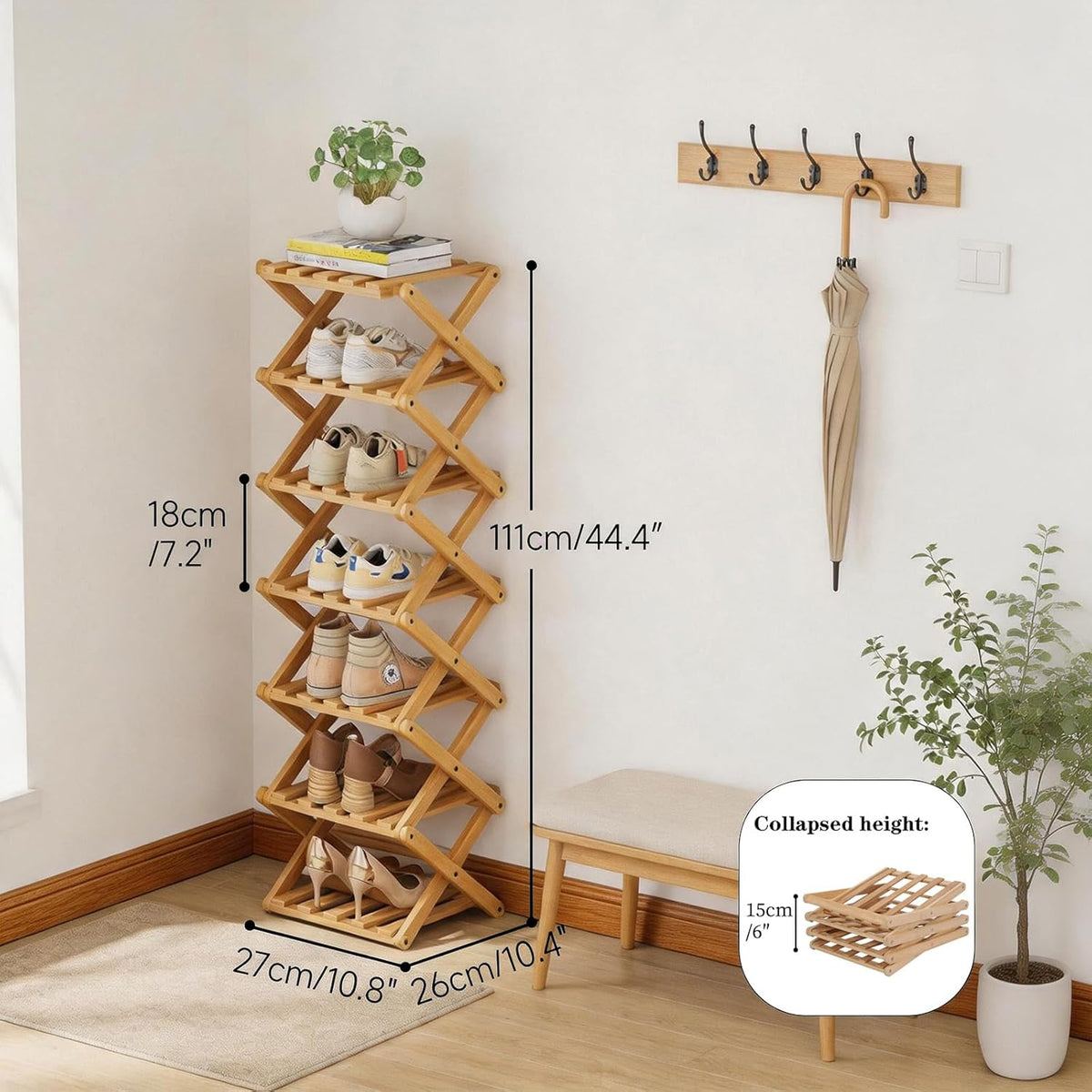 Vertical Narrow Shoe Rack, 7 Tier Portable Folding Shoe Storage Rack, Without Installation Free Standing Shoe Rack for Corridors, Bedrooms Living Room Corner and Small Spaces (7 Tier)