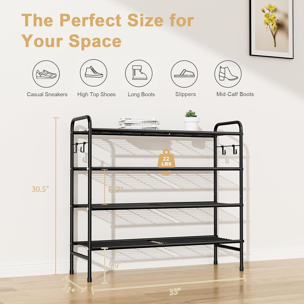 VILICK 4-Tier Shoe Rack 33" Wide Metal Shoe Organizer Long Shoe Storage with 4 Side Hooks Sturdy Shoes Shelf for Closet, Front Door Entrance, Garage, Dorm, Black