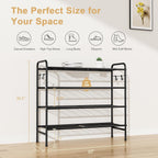 VILICK 4-Tier Shoe Rack 33" Wide Metal Shoe Organizer Long Shoe Storage with 4 Side Hooks Sturdy Shoes Shelf for Closet, Front Door Entrance, Garage, Dorm, Black